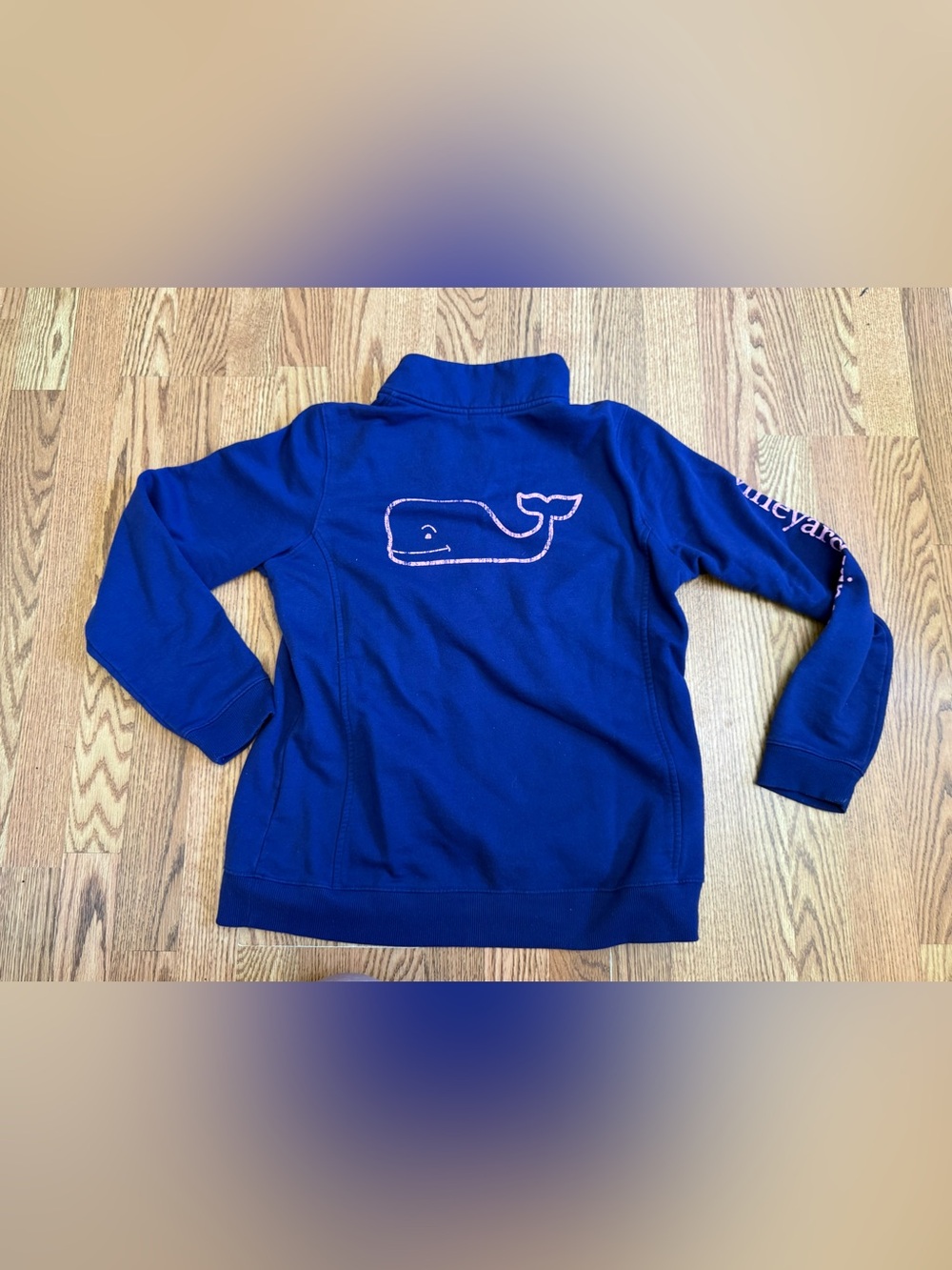 Vineyard Vines Quarter Zip Pullover Blue Sweatshirt with whale logo front-back